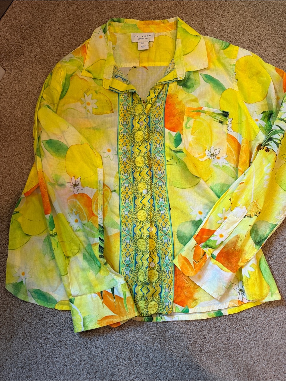 Calypso St. Barth Lemon Print Embroidered-Trim Button Blouse
